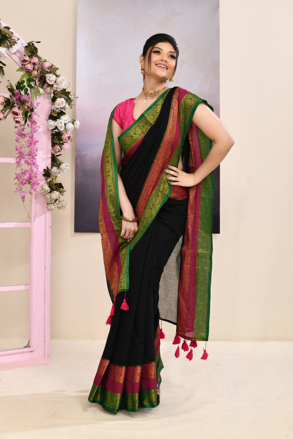 Black Embellished Zari Border Cotton Saree