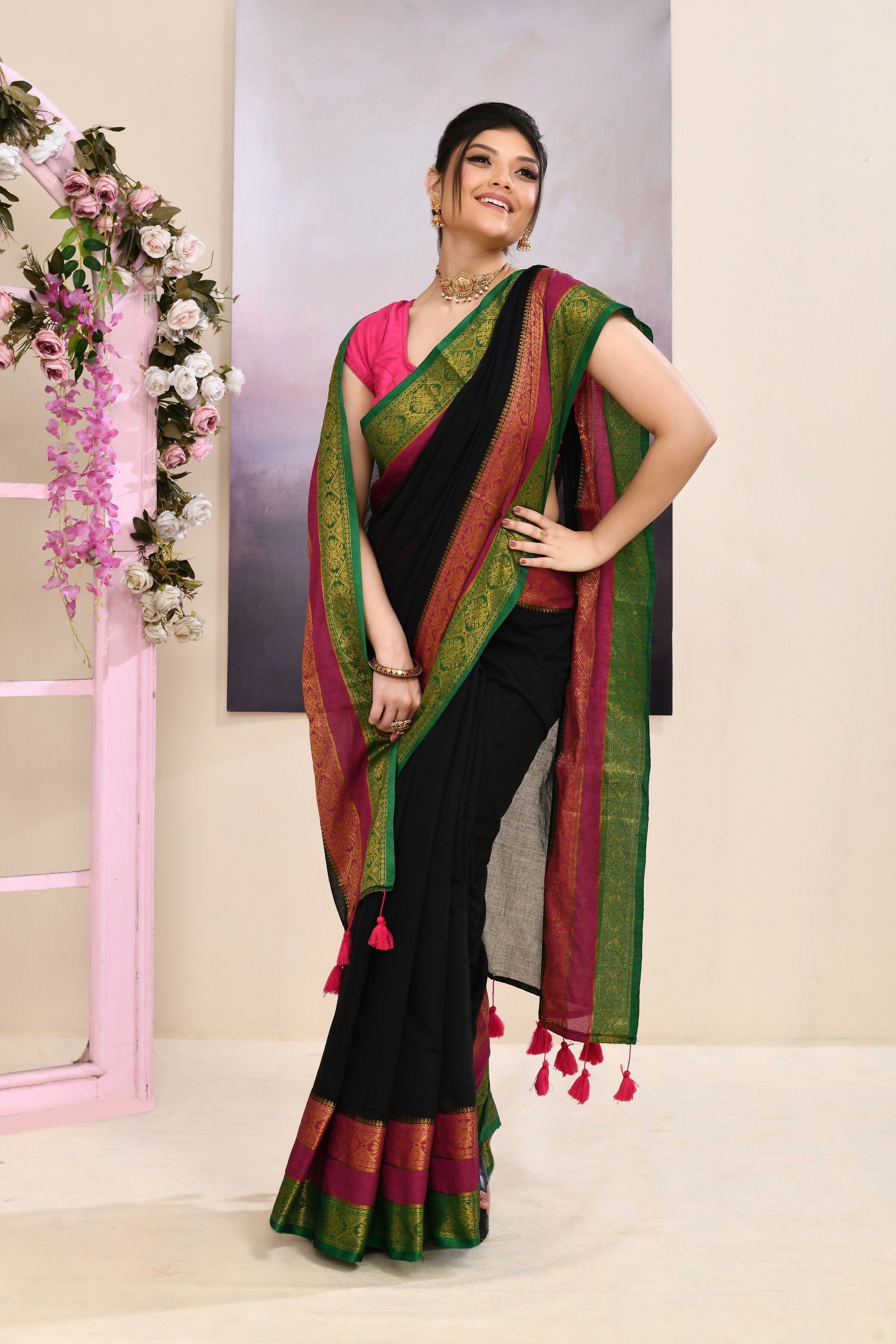 Black Embellished Zari Border Cotton Saree