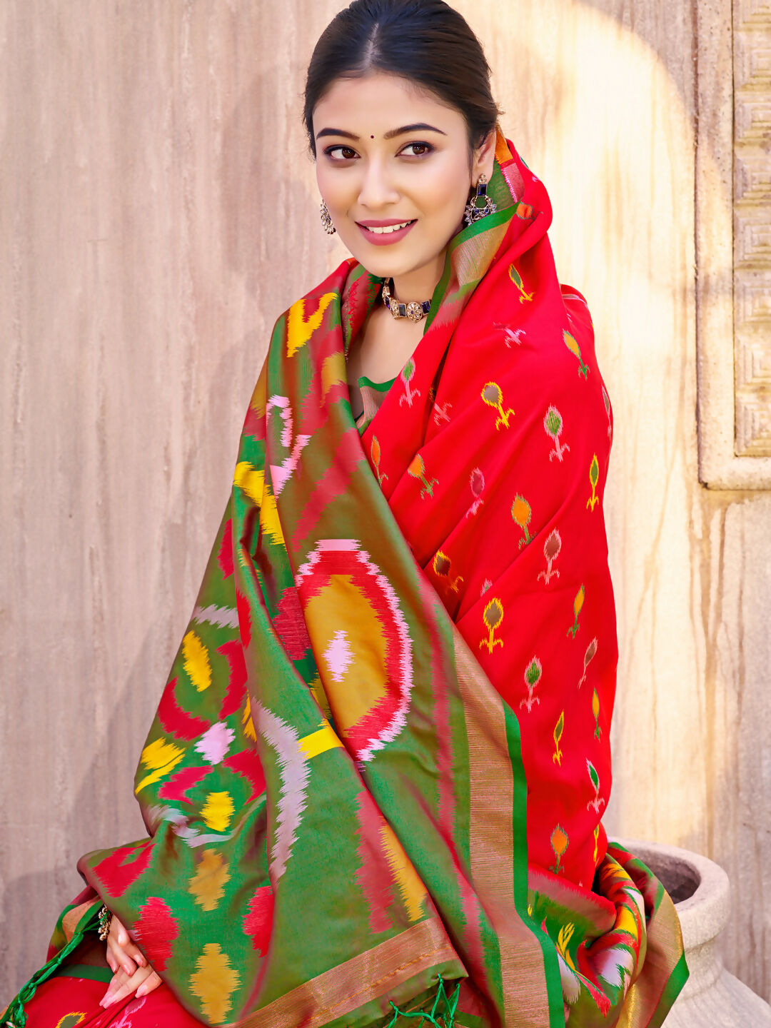 Red Pochampally Silk Saree with Matching Blouse Piece