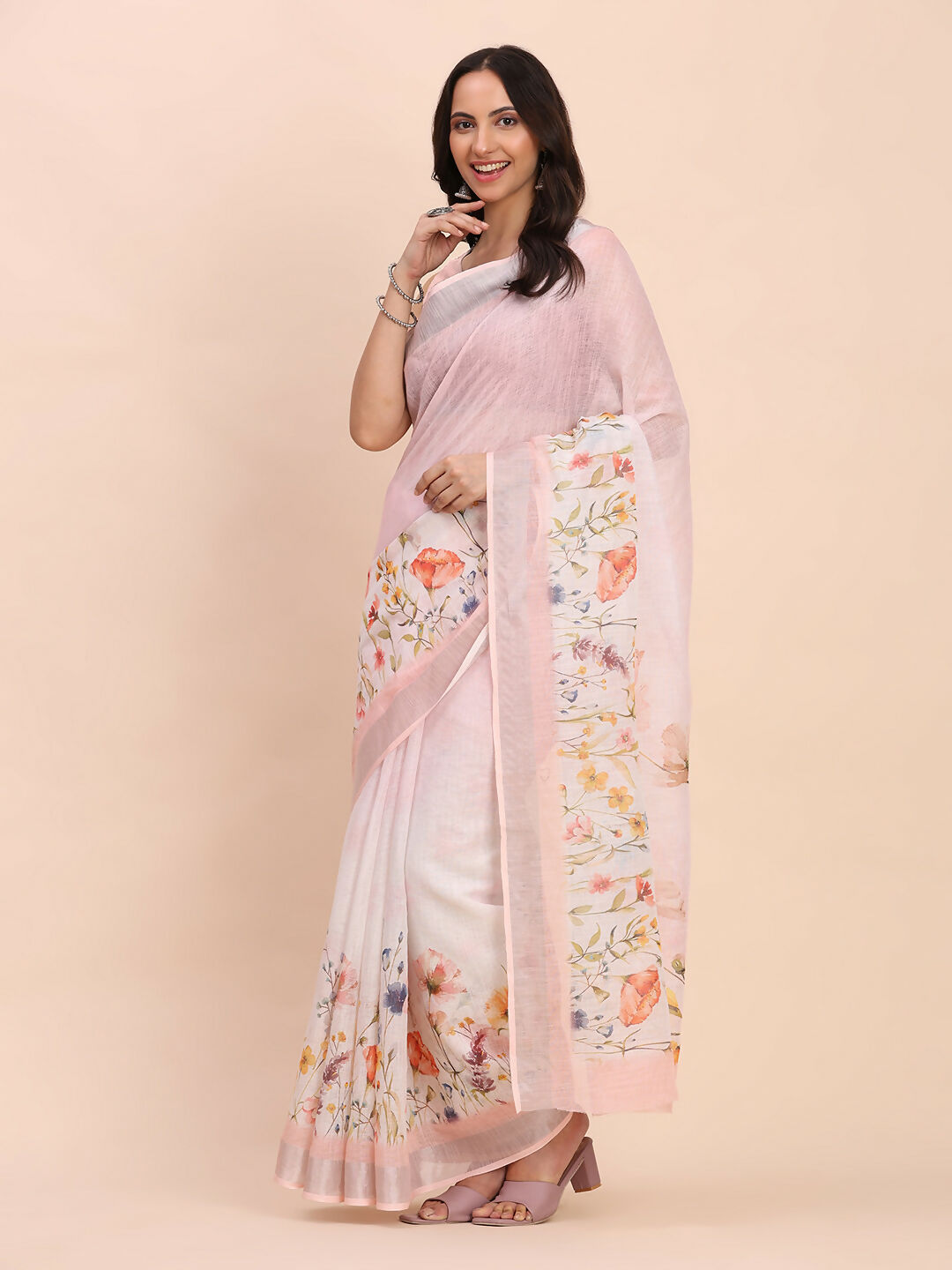 Light Pink Linen Cotton Saree with Matching Blouse