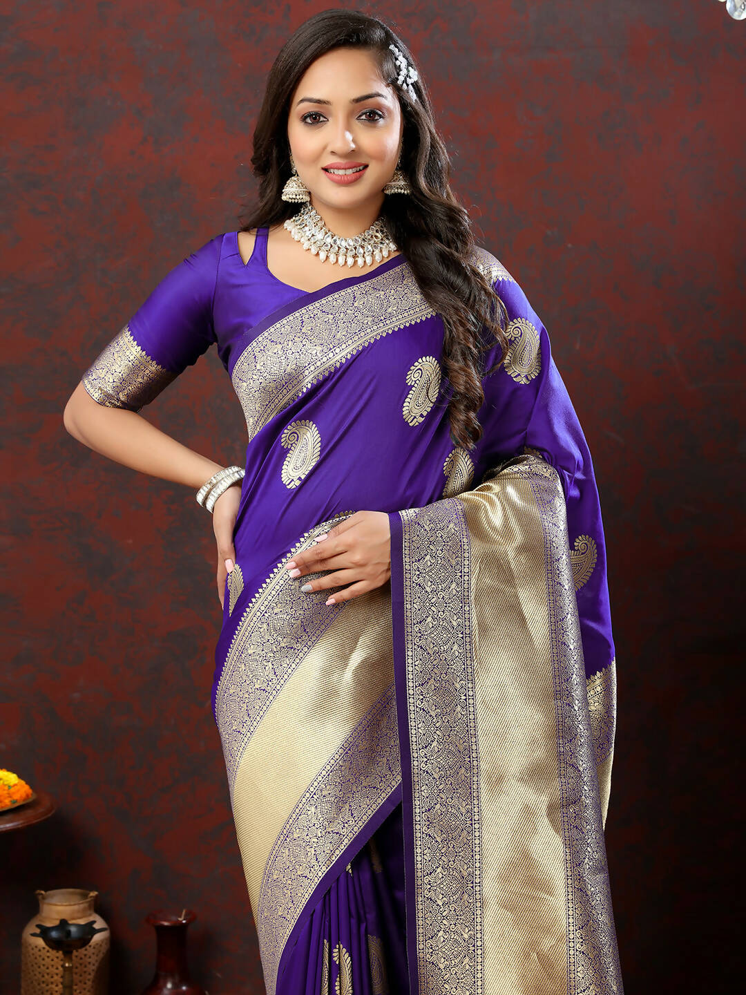 Purple Soft Silk Saree with Gold Zari Weaving Detail