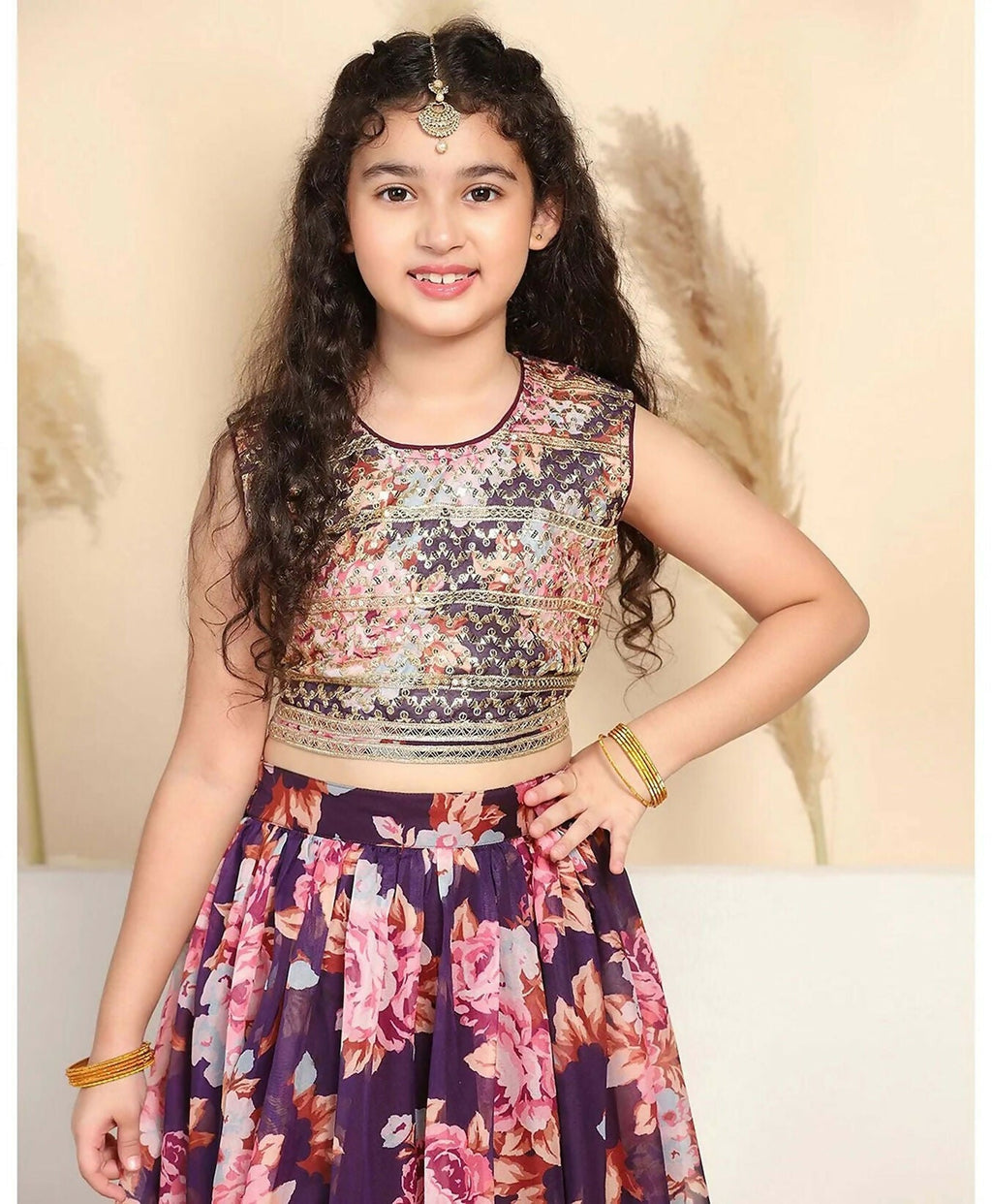Girl's Wine Tabby Silk Lehenga Choli for Wedding Guest Style