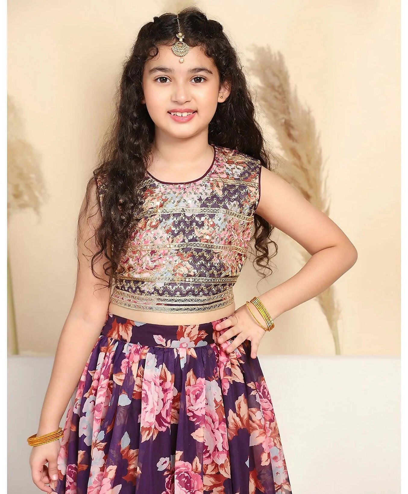 Girl's Wine Tabby Silk Lehenga Choli for Wedding Guest Style