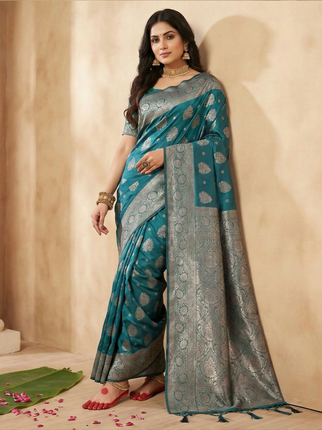 Beautiful sea green silk blend saree with matching blouse.