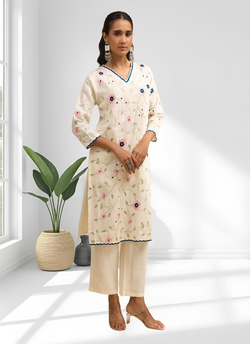 Cream Linen Embroidered Long Kurta Set with Matching Pant