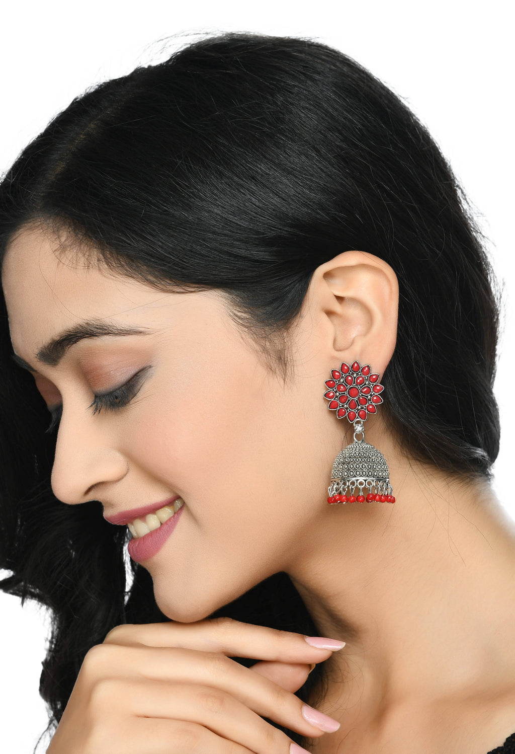 Kundan Work Jhumka Earrings with Red Beads for Festive Wear