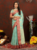 Sky-blue cotton saree with traditional zari weaving and silk blouse