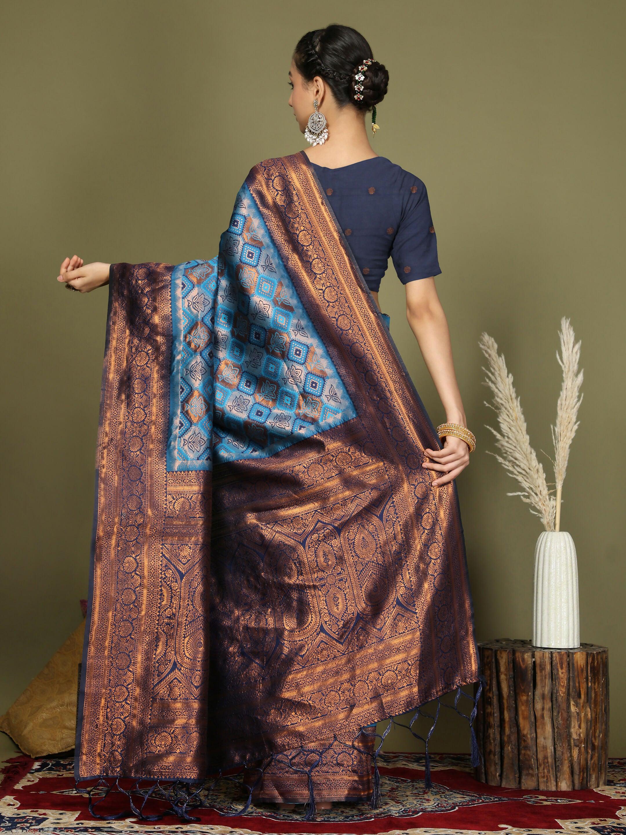 Sky Blue Lichi Silk Saree with Blue Blouse