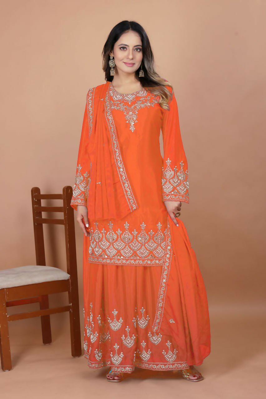 Orange Silk Embroidered Sharara Set for Women
