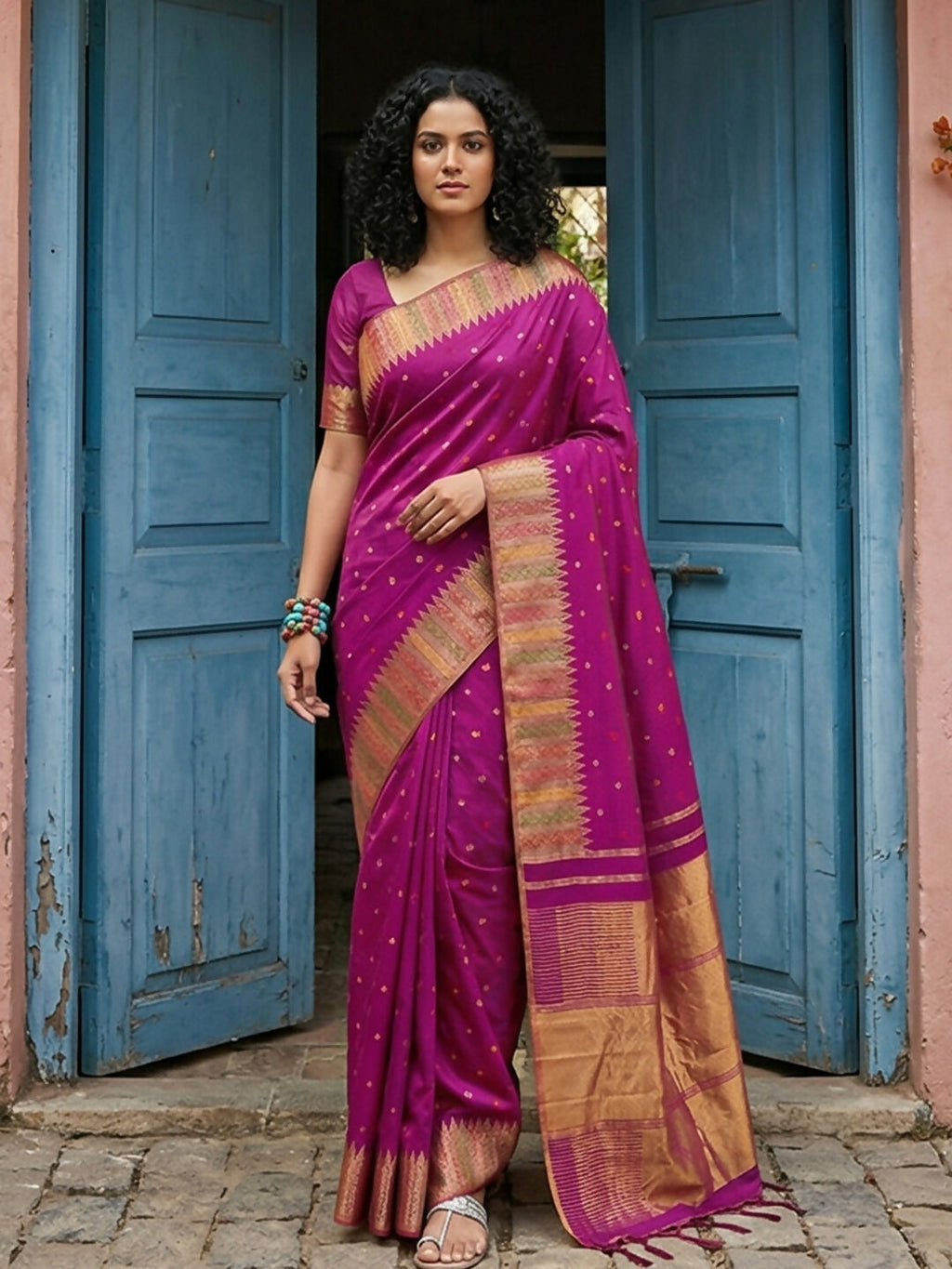 Magenta silk blend saree with matching blouse piece draped elegantly