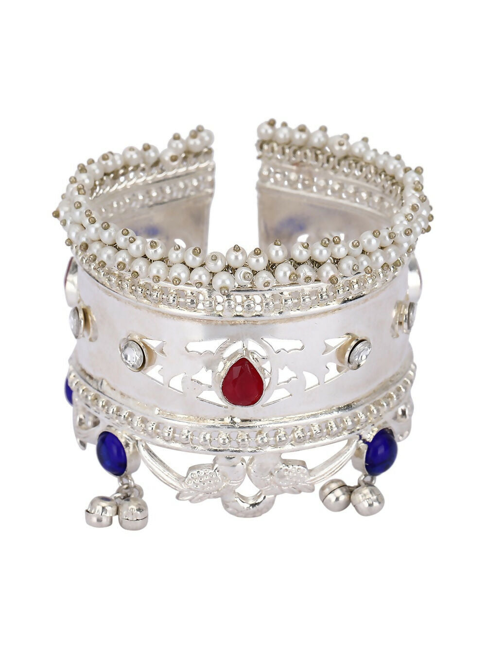 Multicolor Stone Silver Tone Bangle for Women, Intricate Patterns