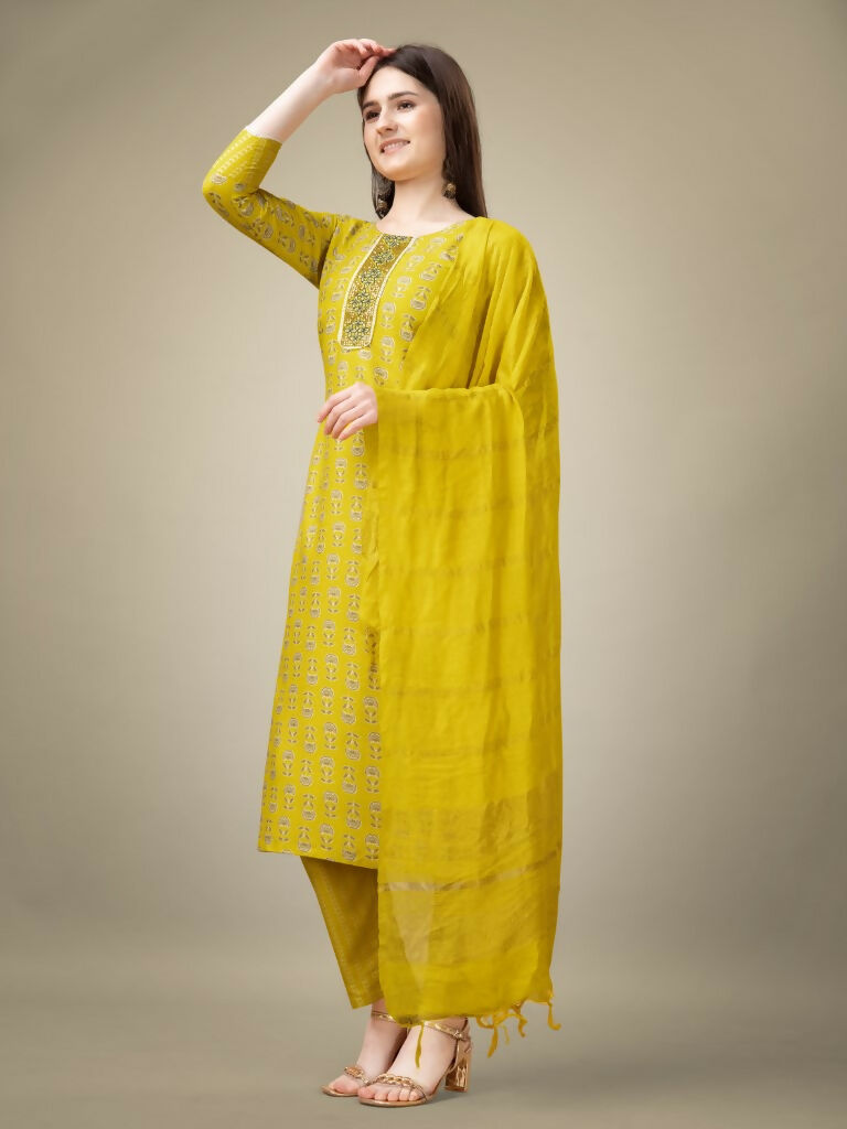 Yellow Rayon Straight Kurta Set with Embroidery and Sequence Work
