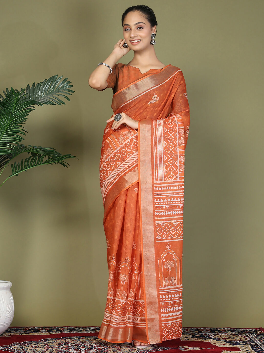 Bright Orange Cotton Saree for Women with Matching Blouse