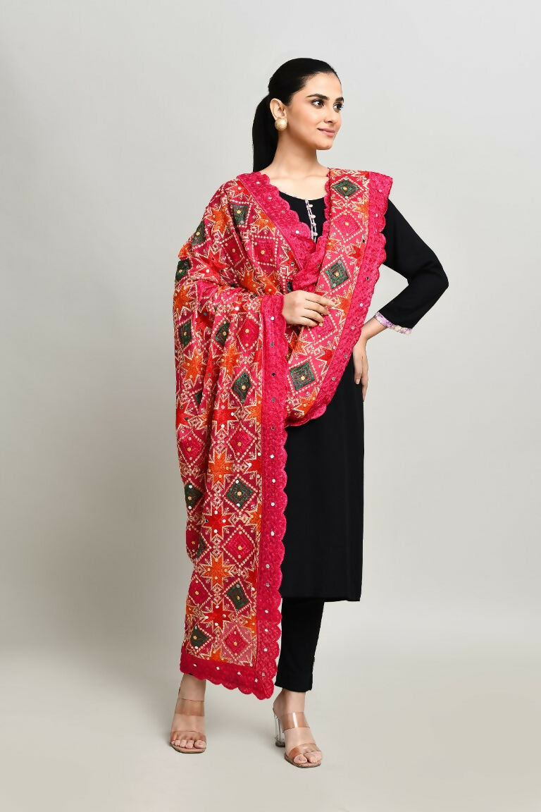 Multi Color Phulkari Dupatta with Traditional Cotton Embroidery
