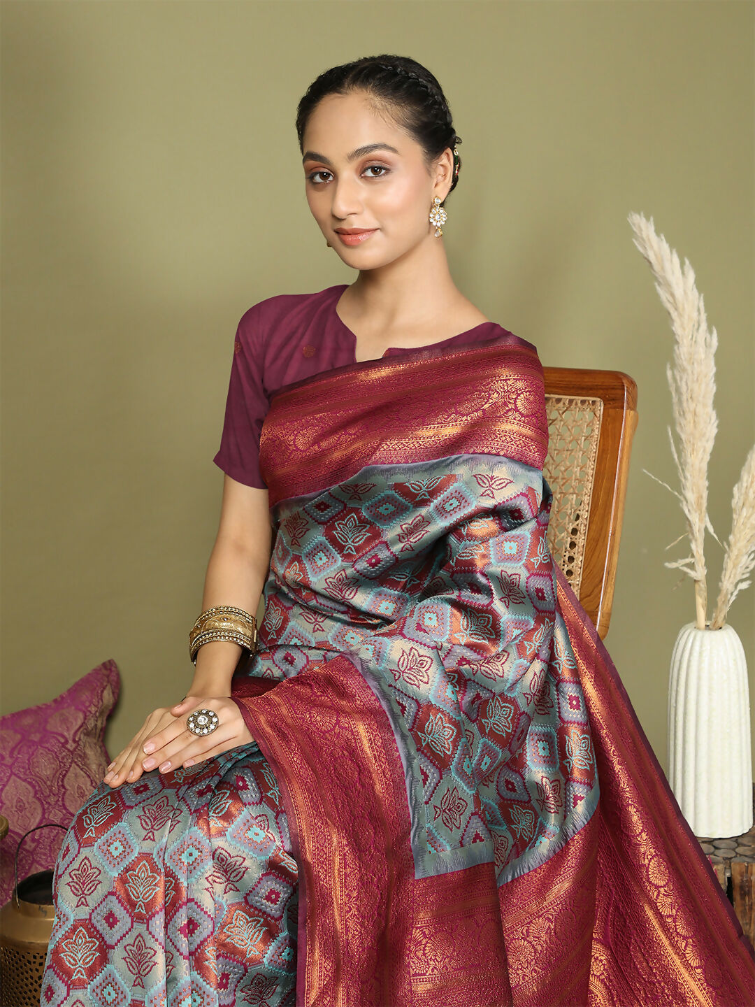Teal Lichi Silk Saree with Purple Blouse