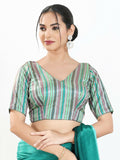 Pista multi-colored striped brocade padded blouse with V-neck and elbow sleeves