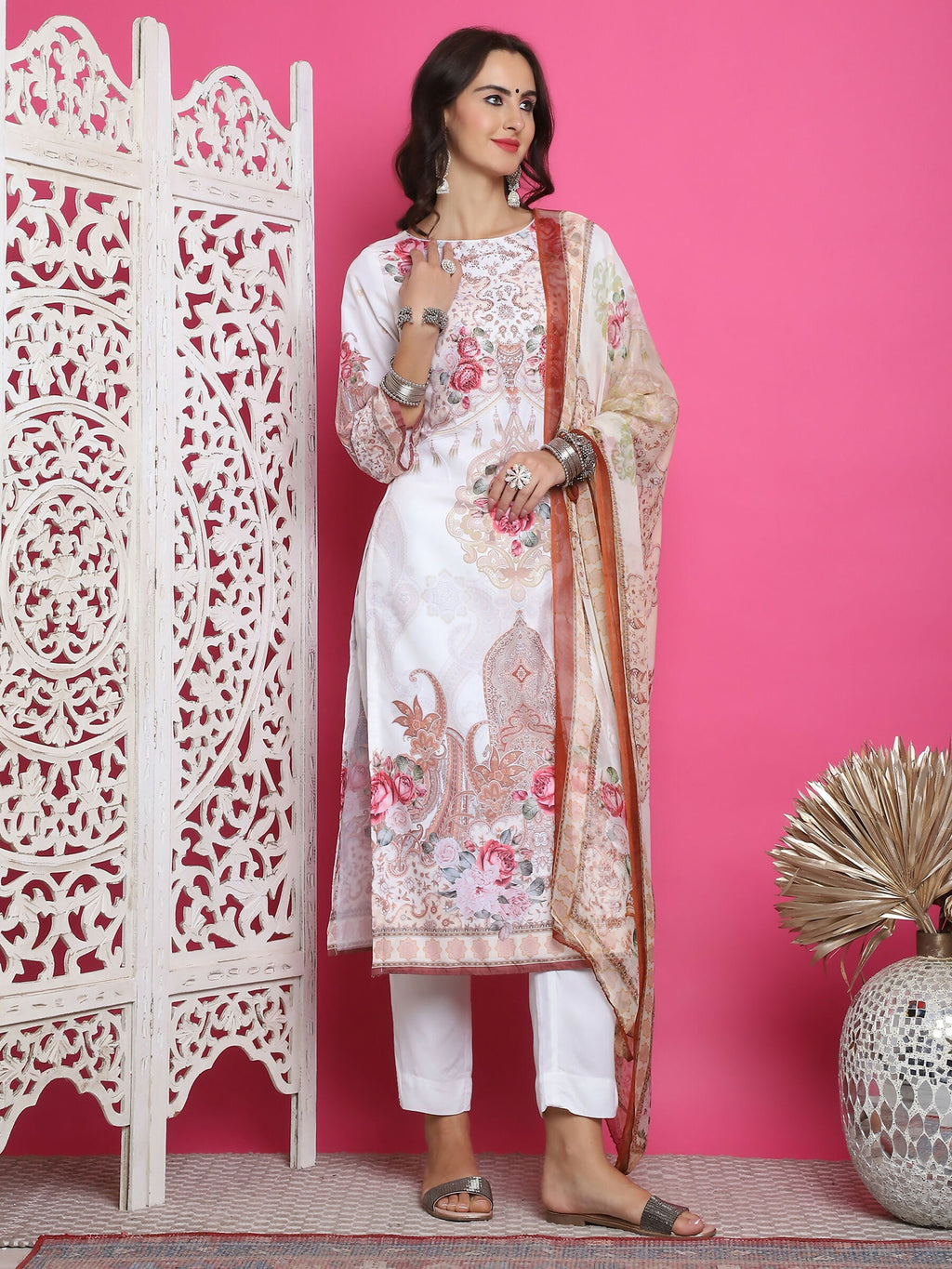 Cream Satin Traditional Digital Print Kurta Set with Crystal Work