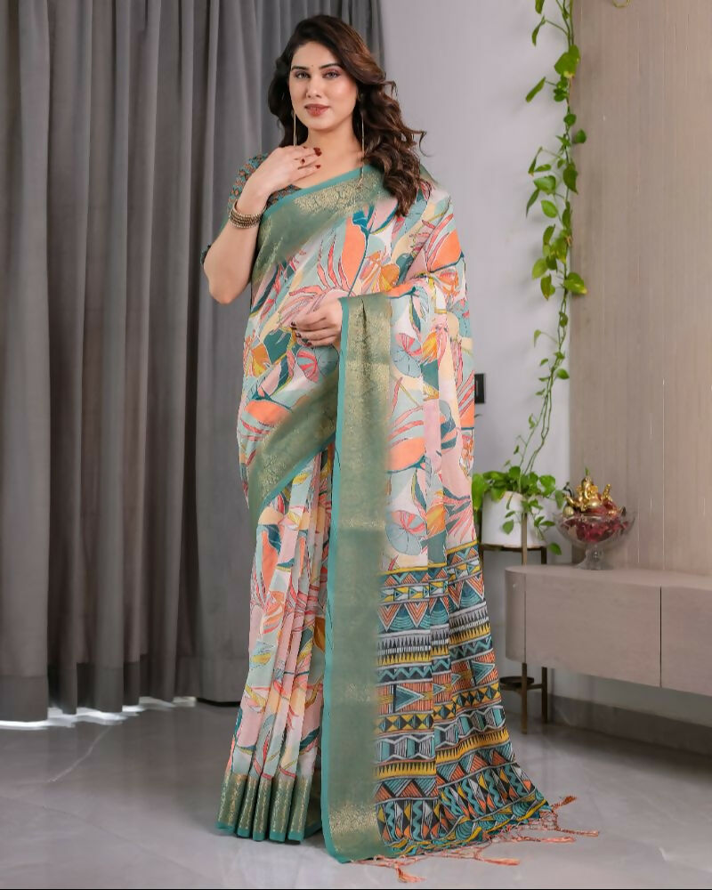 Olive Pure Handloom Linen Saree with Matching Blouse