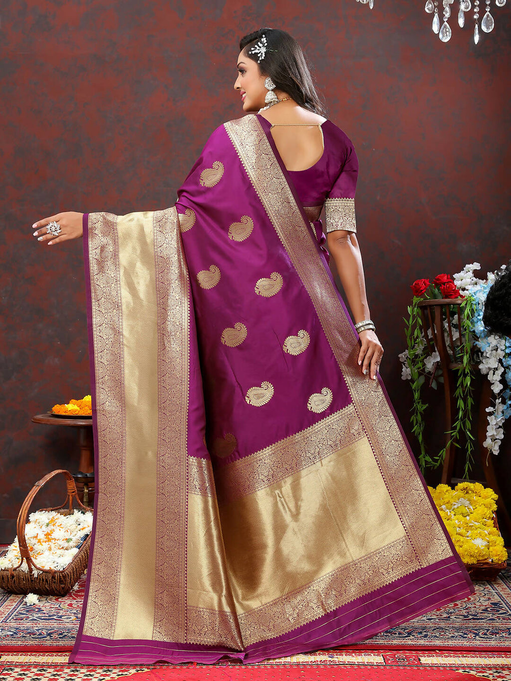 Wine Soft Silk Saree with Gold Zari Weaving and Silk Blouse