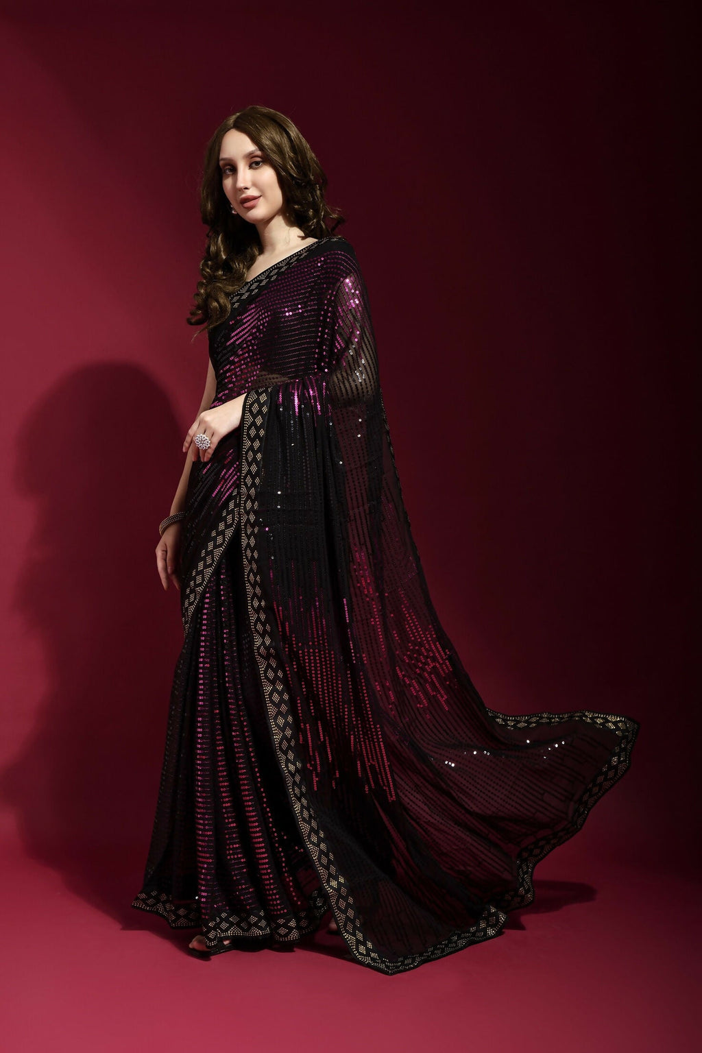 Vegaa Fashion Black Georgette Embroidered Party Wear Saree