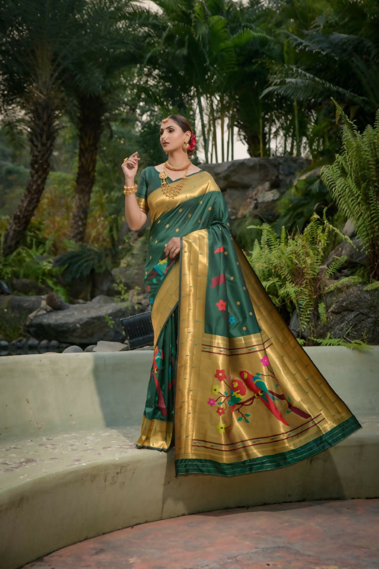 Bottle green Paithani silk saree with intricate zari work and matching blouse