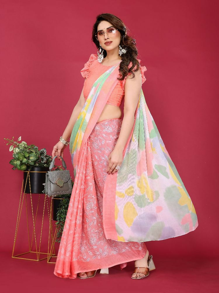 Peach Moss Chiffon Printed Saree with Matching Blouse