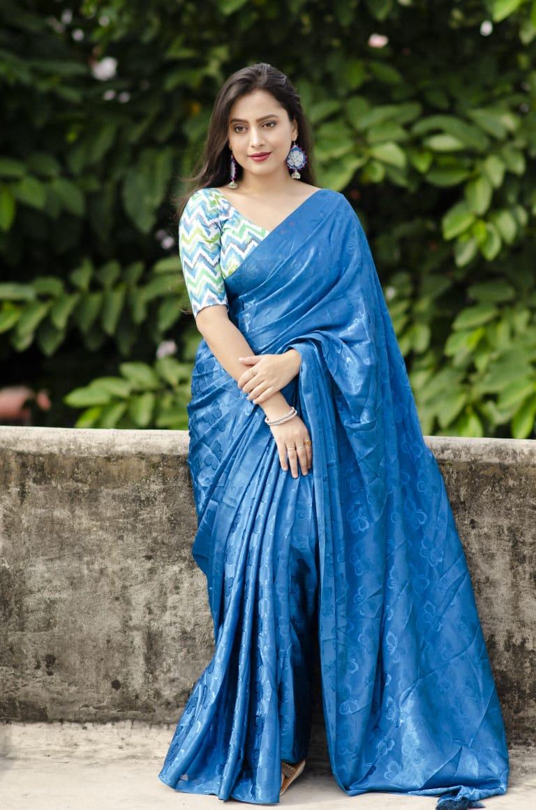 Blue silk blend saree with butterfly motifs and mulberry silk zig-zag printed blouse
