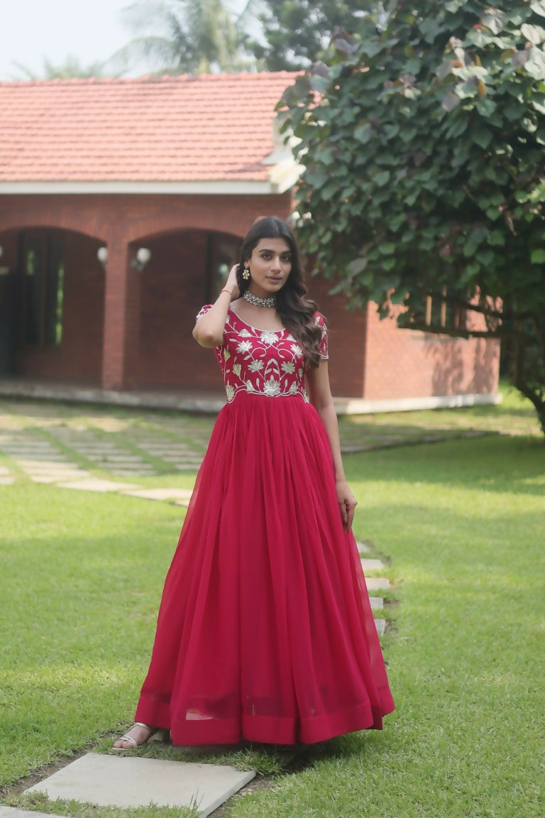 Rani pink Anarkali dress with sequins embroidery and floor-length hem