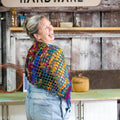 Finished QuadraMesh shawl made with textured hand-spun silk yarn in a crochet kit