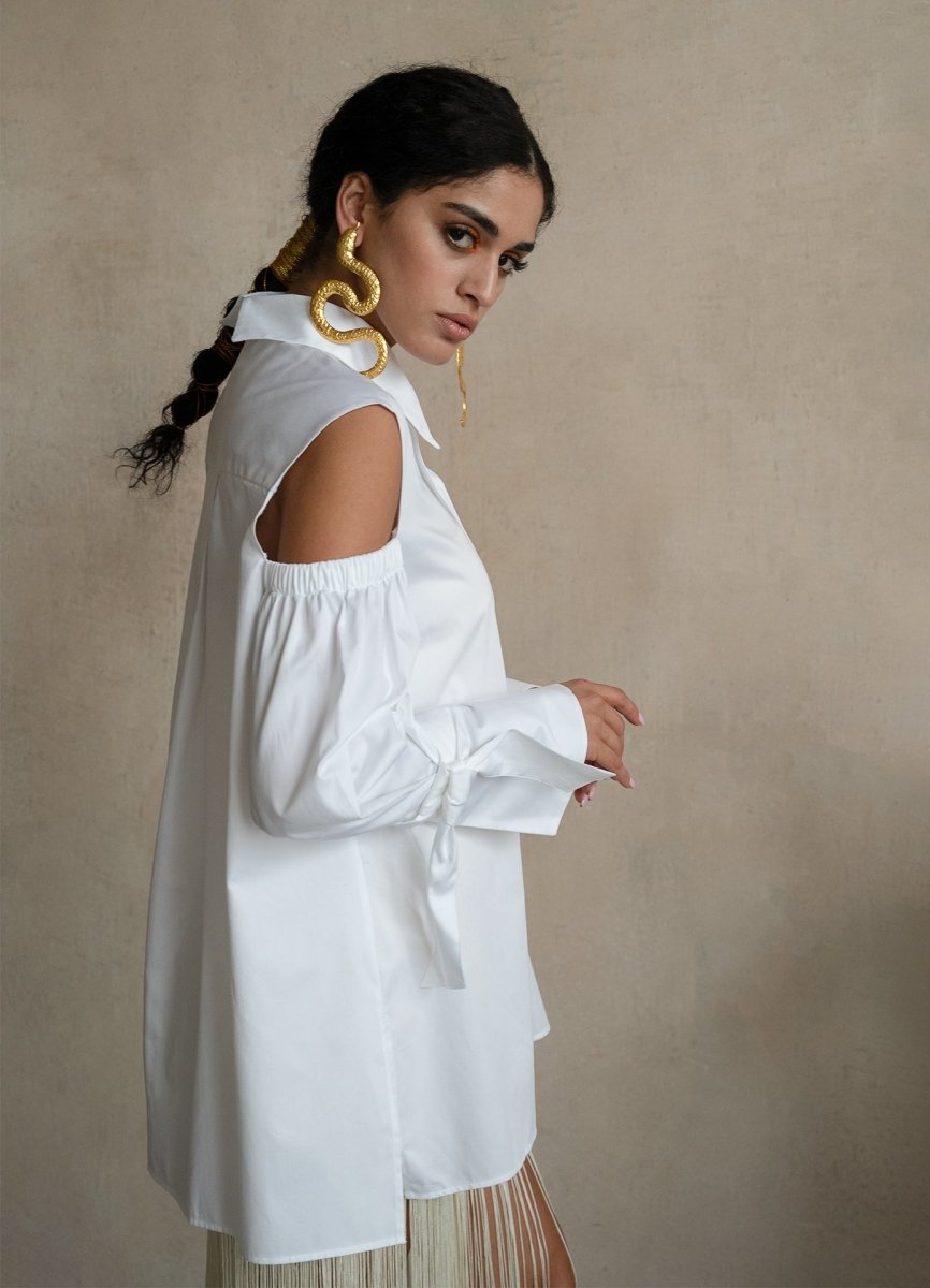 Quarta Open Shoulders White Organic Cotton Shirt
