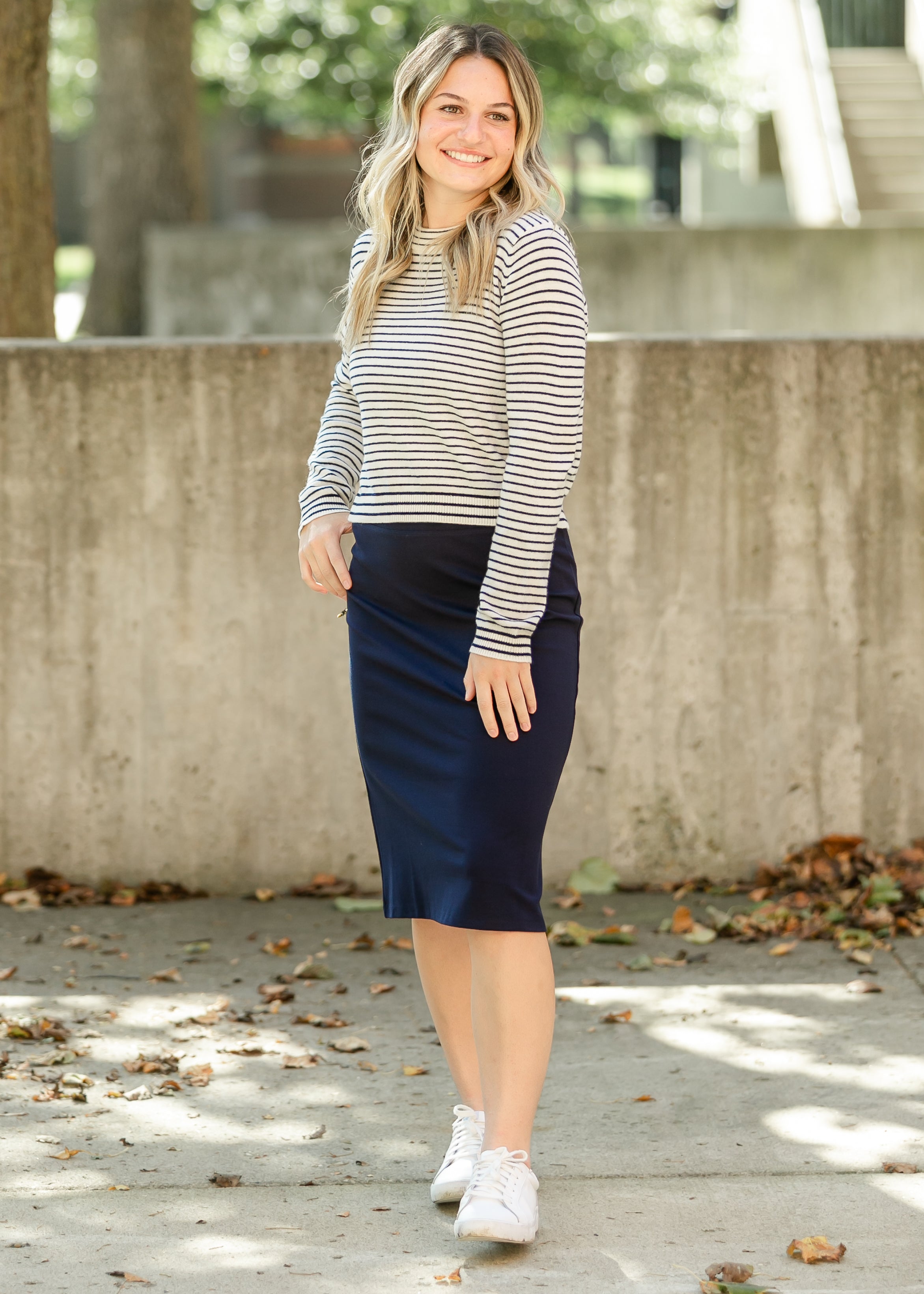 Quinn Navy Knit Midi Skirt - Stretchy Waistband