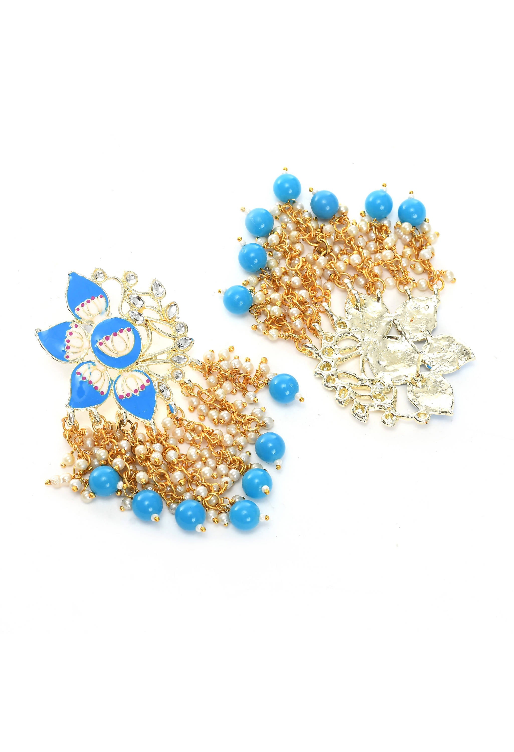 Gold-Polished Kundan & Sky Blue Meenakari Floral Drop Earrings