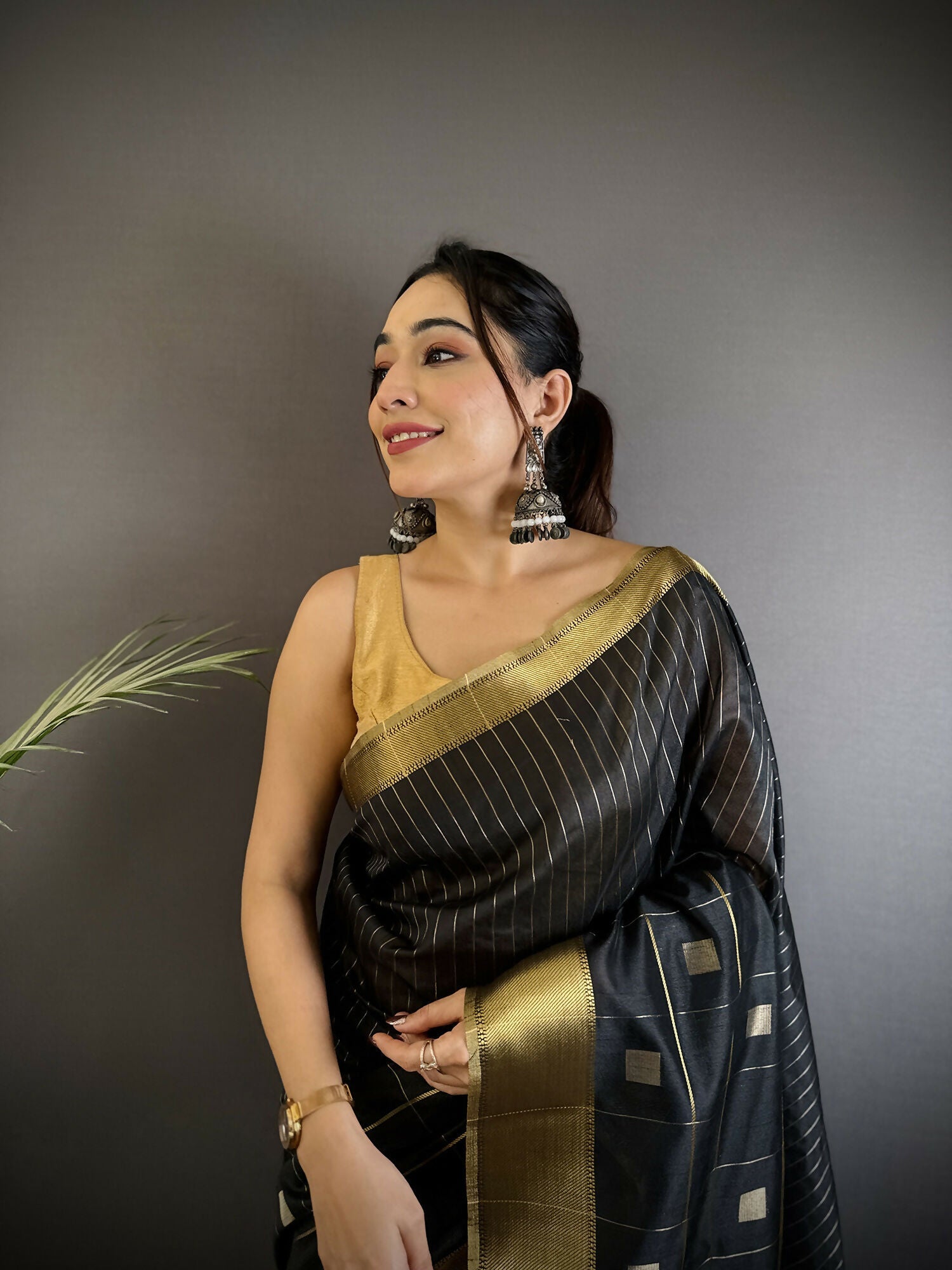 Black Bhagalpuri Cotton Silk Saree with Geometric Box Stripes