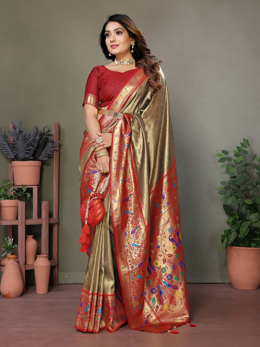 Gold Tissue Silk Paithani Woven Saree with Maroon Blouse Piece