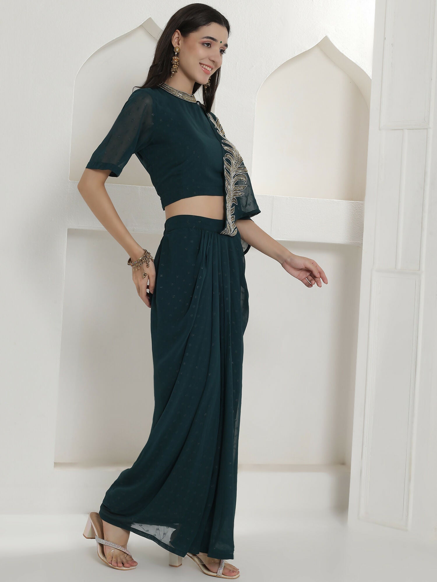 Green Georgette Drape Skirt Set with Hand Embellishment