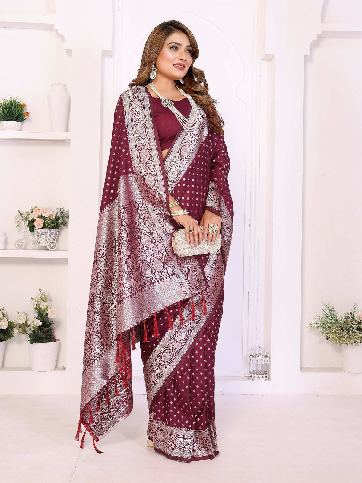 Wine Georgette Silk Saree with Traditional Zari Weaving