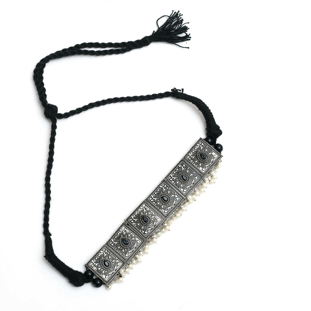 Black Kundan and Pearl Statement Choker in Silver-Plated Brass