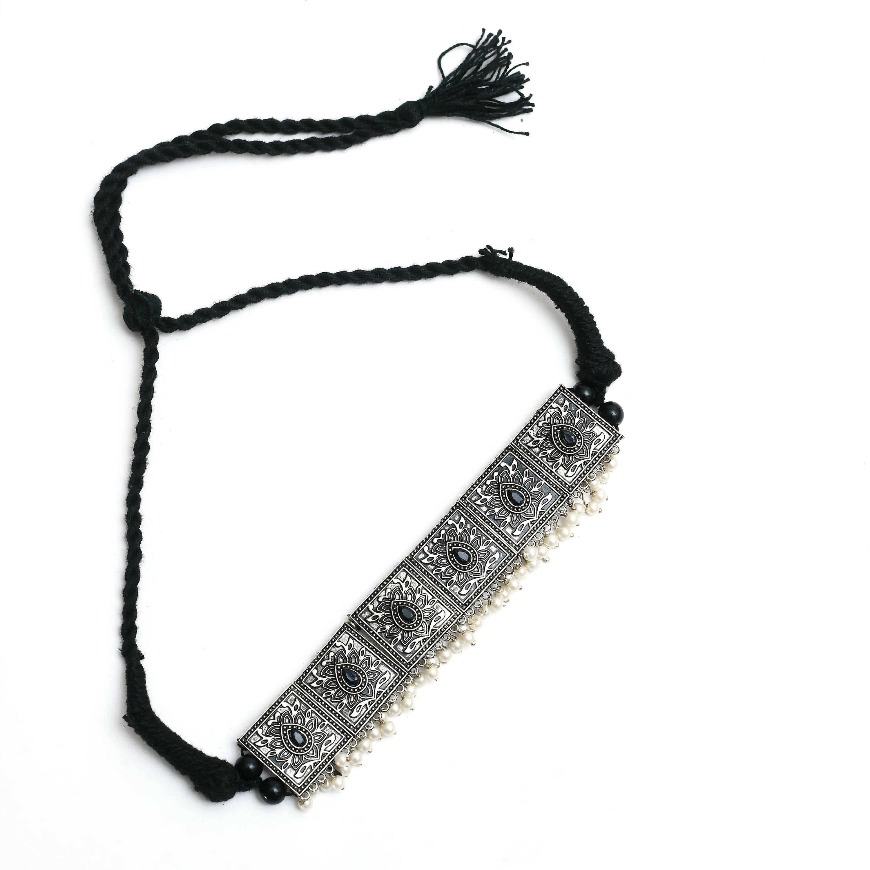 Black Kundan and Pearl Statement Choker in Silver-Plated Brass