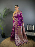 Meenakari magenta soft silk saree with intricate woven details and matching blouse