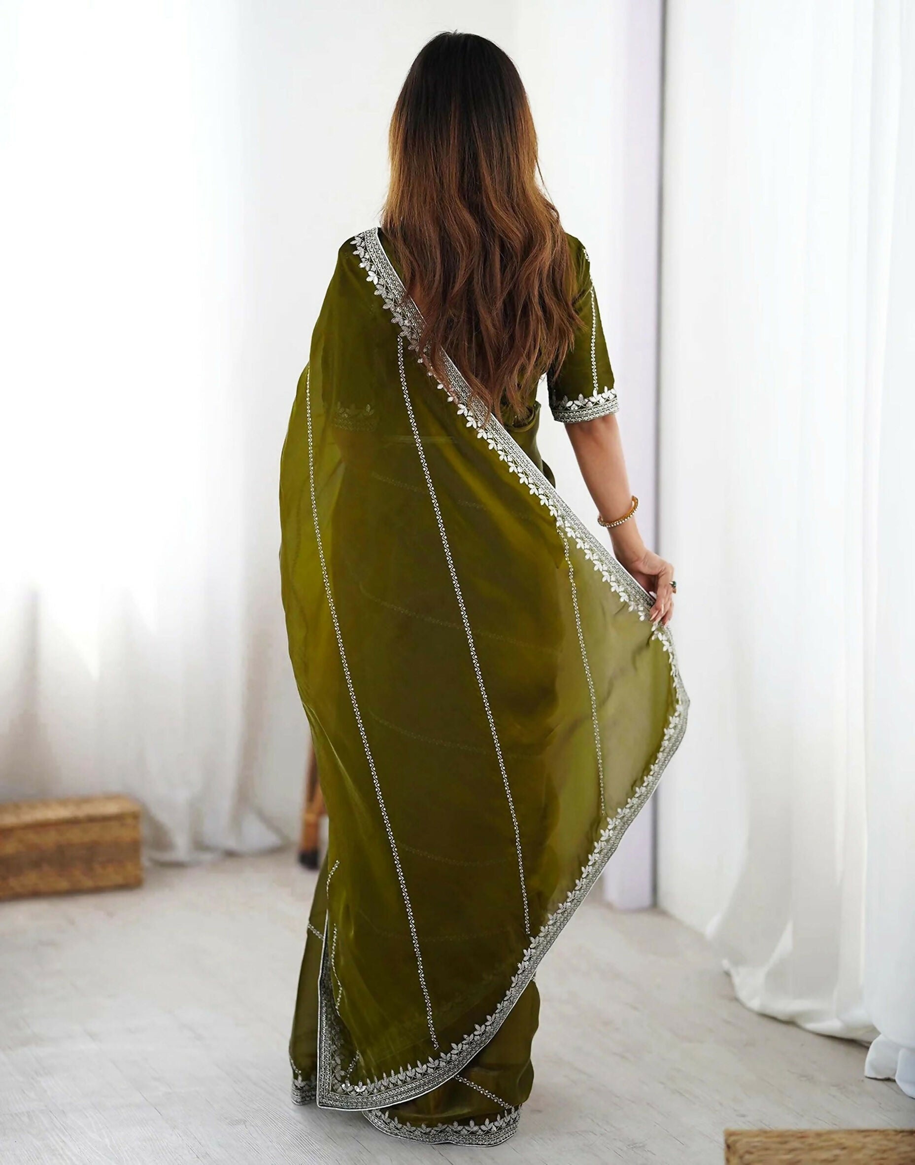 Olive Green Tissue Silk Saree with Sequence Embroidery