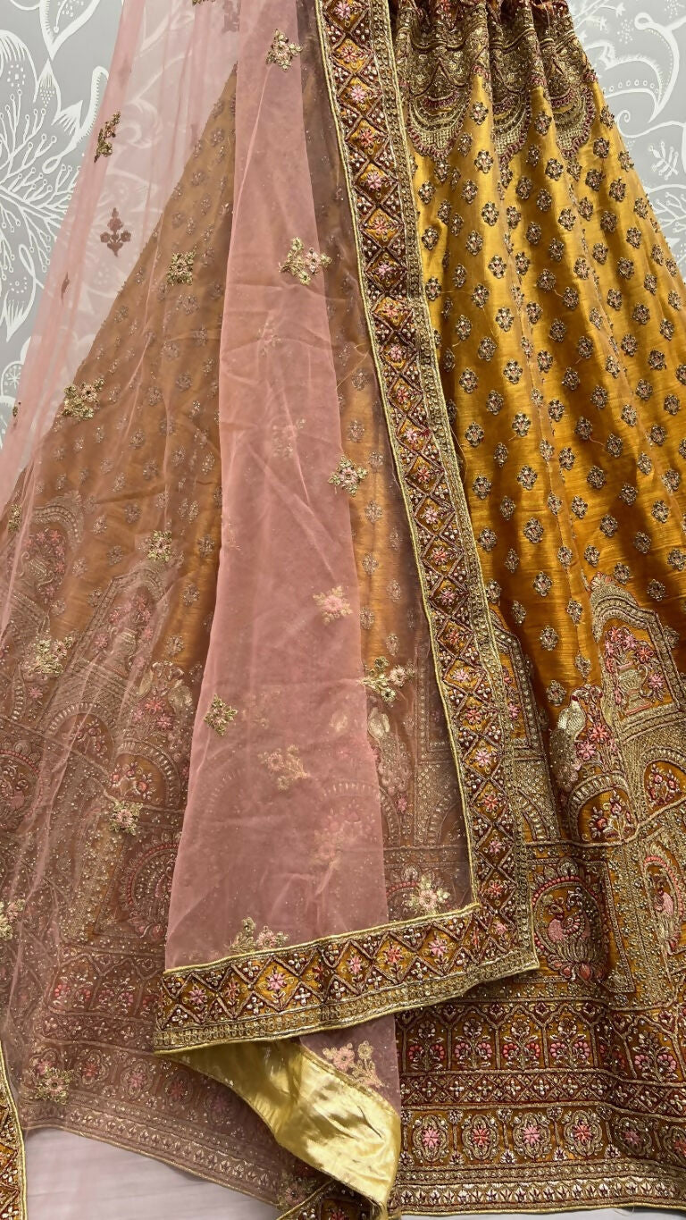 Golden Bridal Net Lehenga Choli with Dori, Sequins & Diamond Work