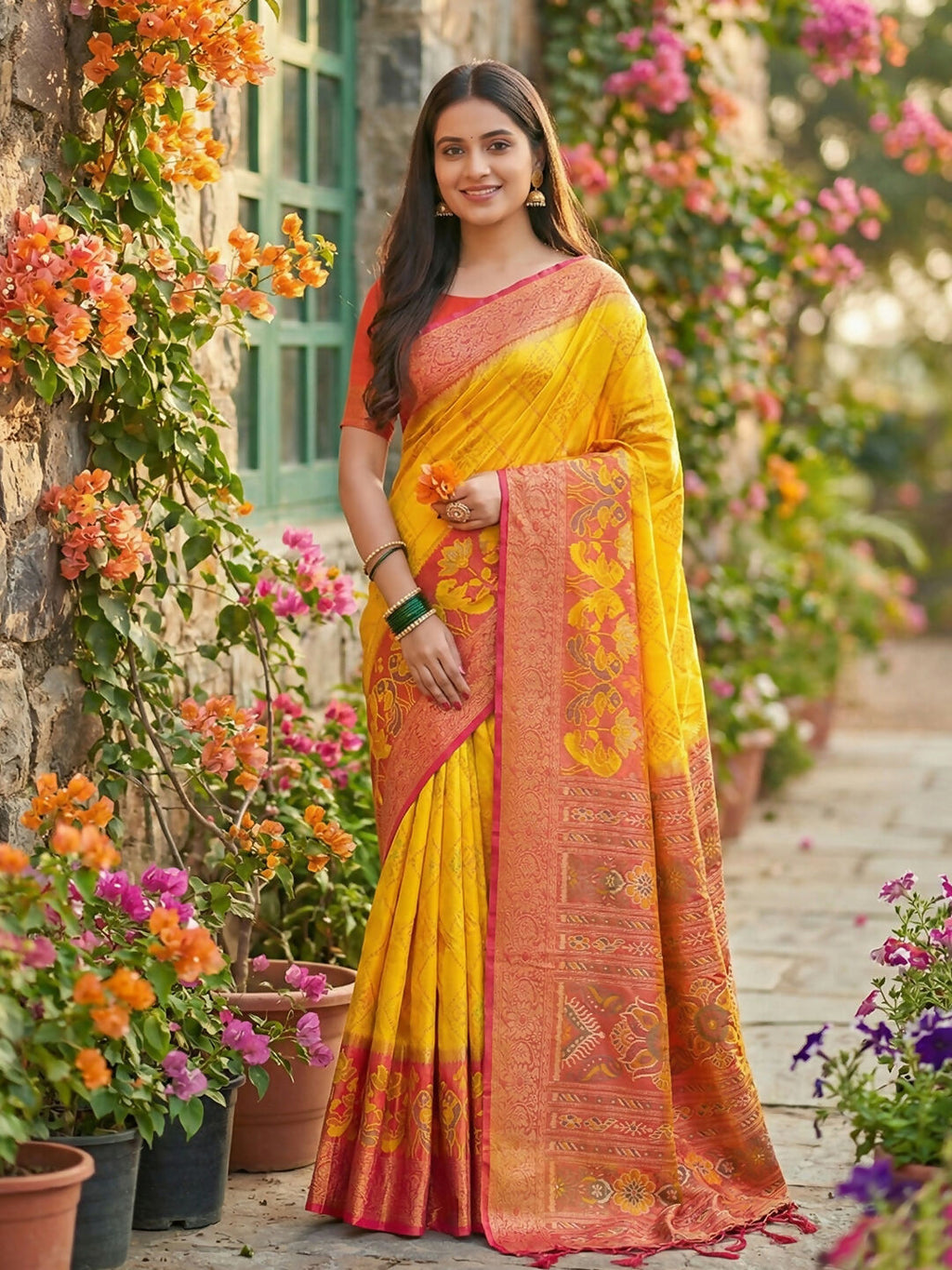 A beautiful vibrant yellow Pochampally silk saree with matching blouse fabric