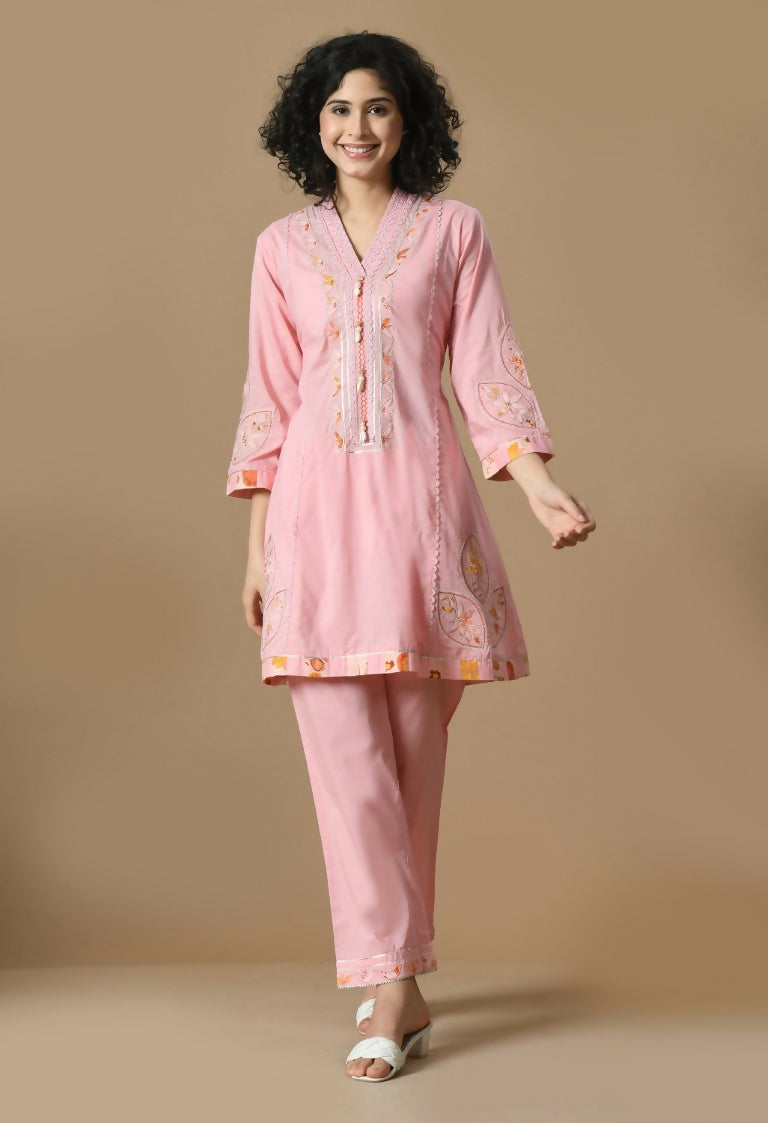 Pink Cotton Kurta Set with Organza Dupatta - 3 Piece Ethnic Set
