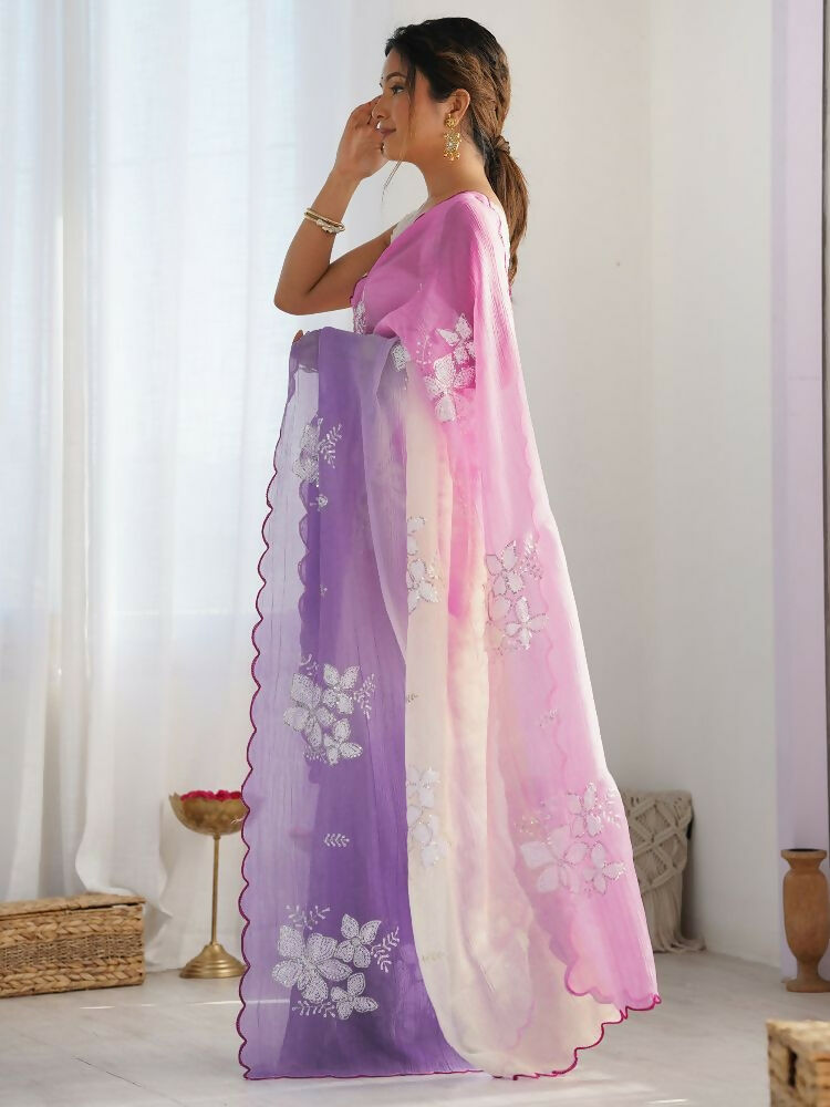 Pink Lavender Gold Crush Embroidery Saree with Roto Banglori Blouse