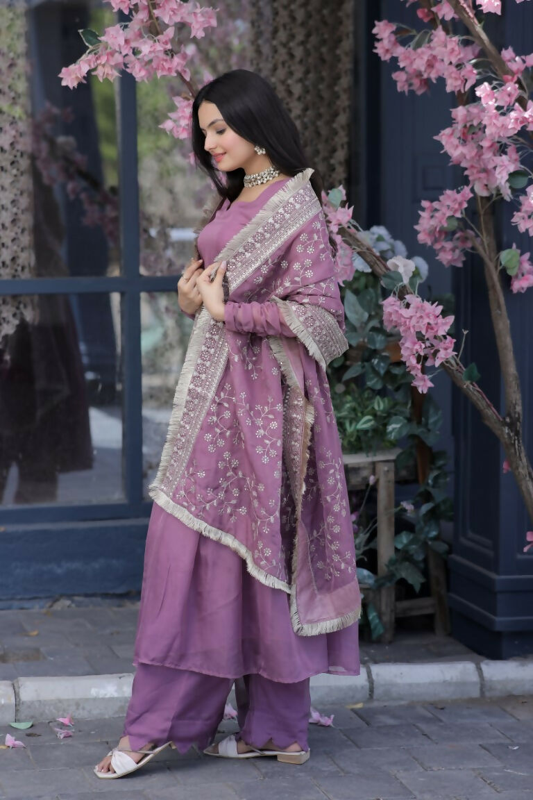Onion Pink Tabby Silk A-Line Kurta Set with Plazo and Dupatta