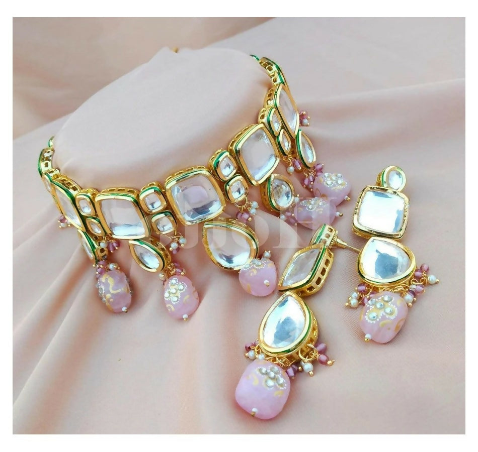 Baby Pink Kundan necklace set with gold-plated finish on a clean background