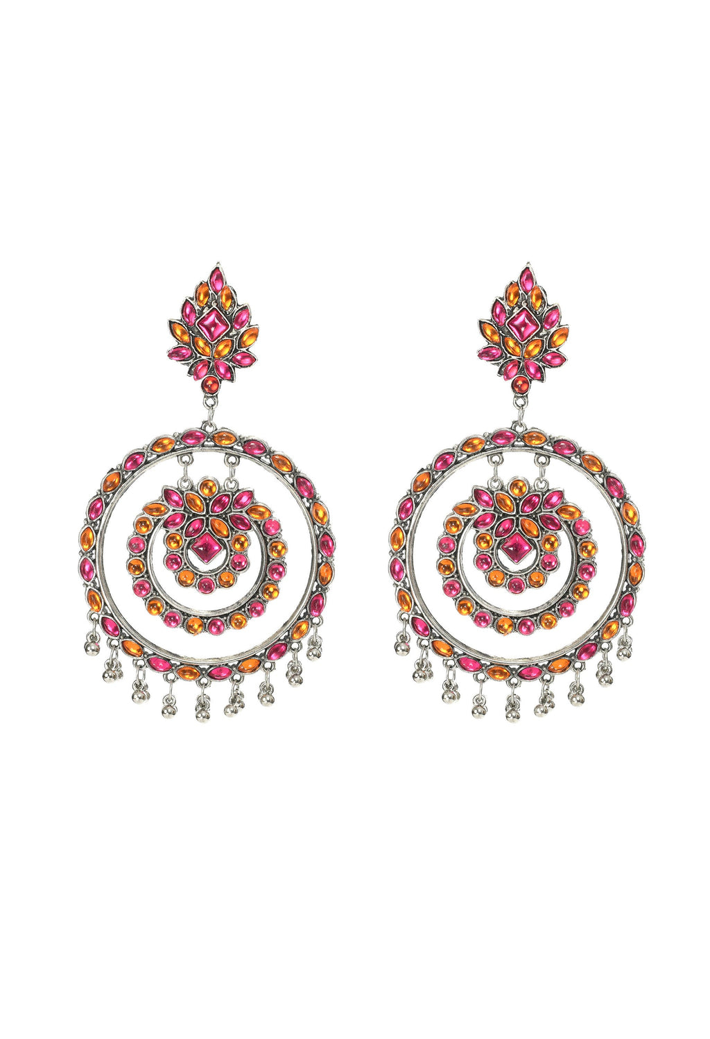 Pink and orange circular Kundan earrings for festive ethnic wear