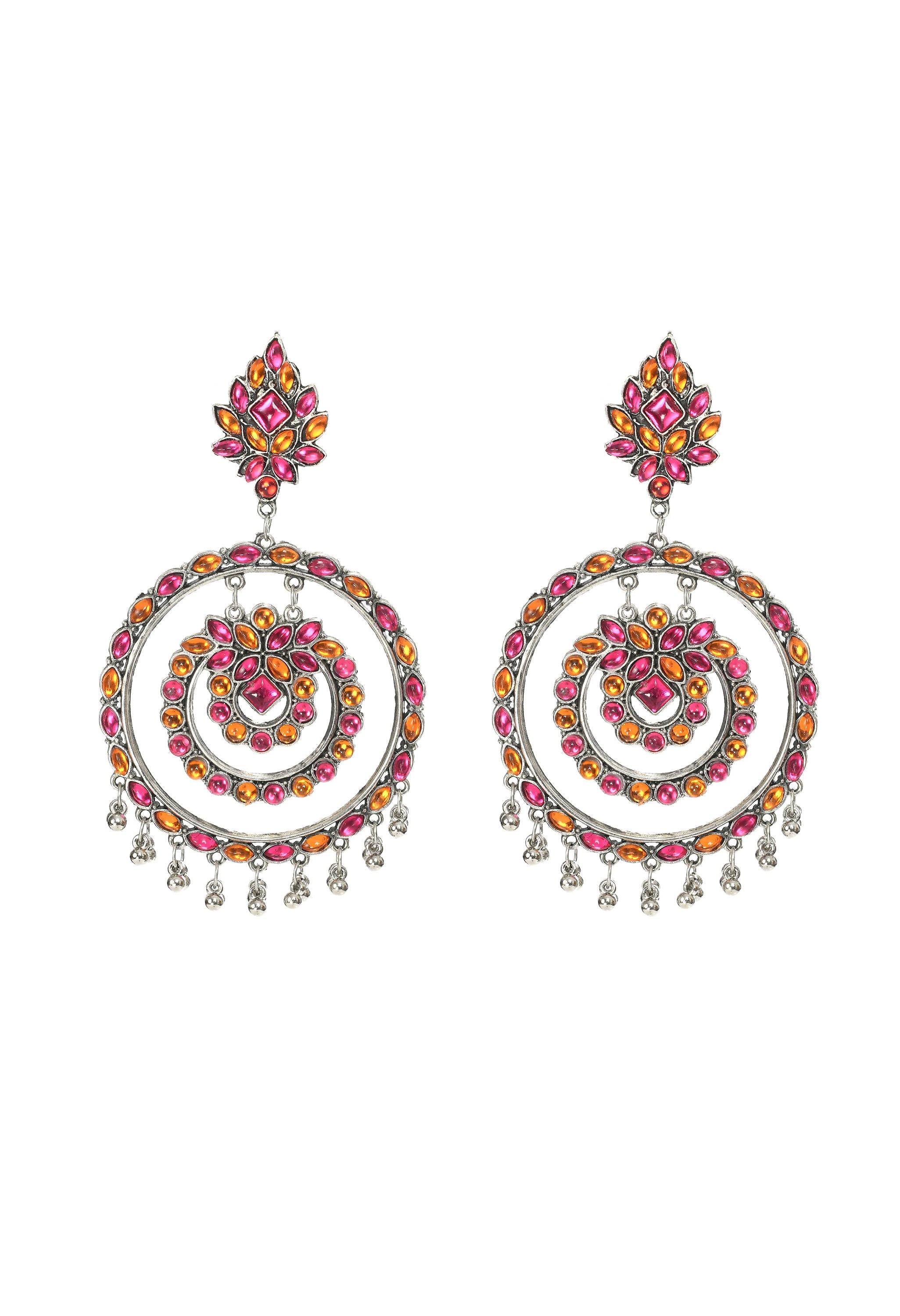 Pink and orange circular Kundan earrings for festive ethnic wear
