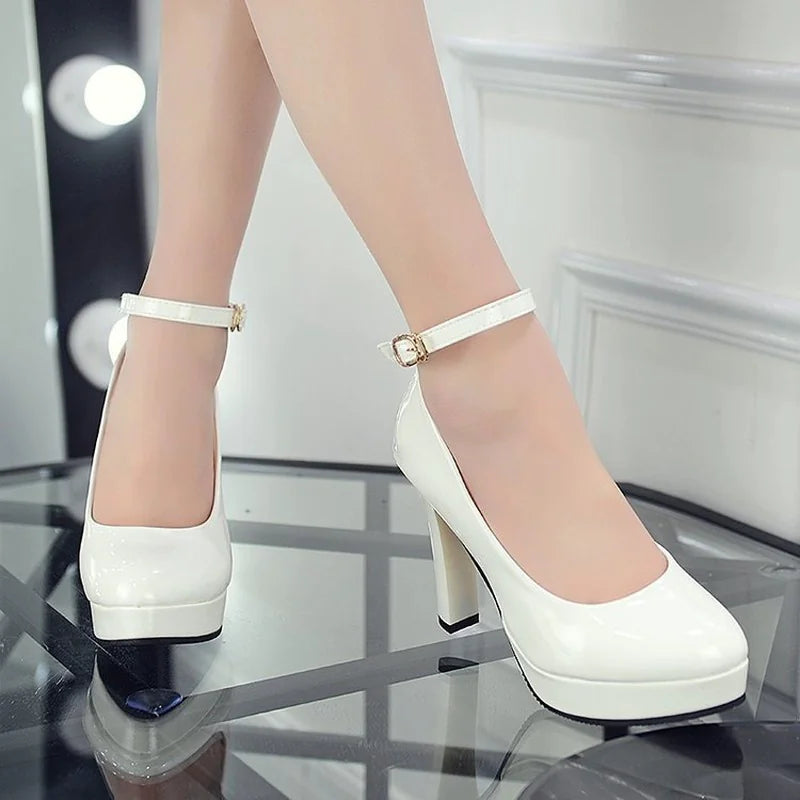Women's Round Toe Buckle Platform High Heels in White and Red - Image 14