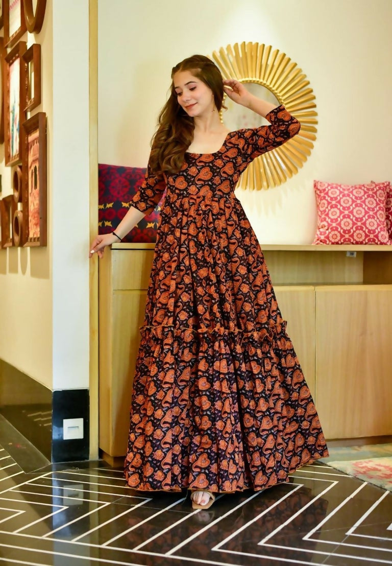 Jyoti Fashion Women's Brown Heavy Digital Printed Cotton Silk Anarkali Dress